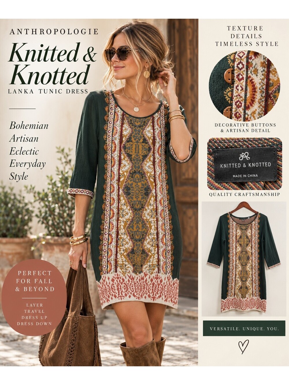 Anthropologie Knitted & Knotted Lanka Tunic Dress L Boho Tapestry Green